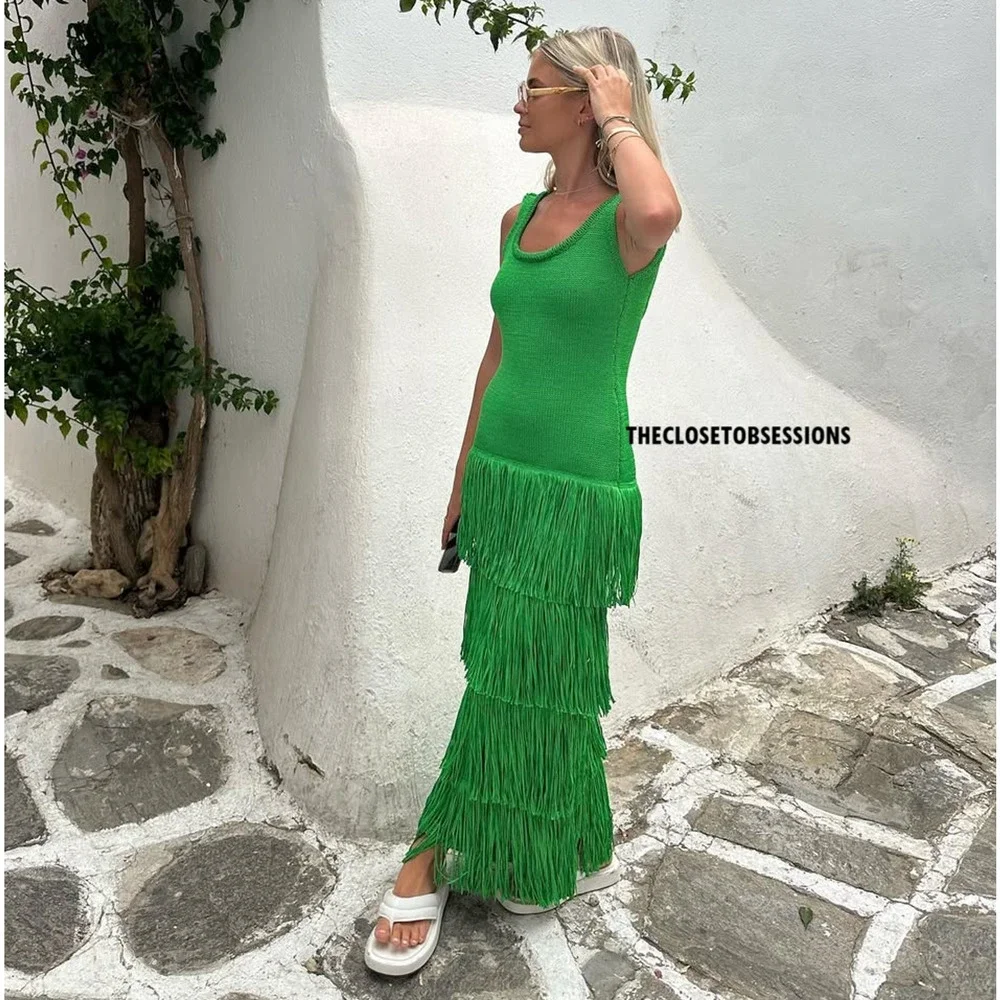 Mango Bright Green Tiered Fringe Maxi Dress - Picture 14 of 16